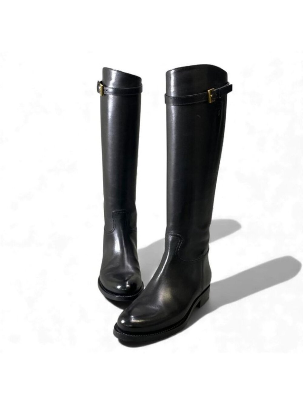 Prada Embossed Logo Long Boots with Buckle Strap 38 Black Leather Shoes Middle - Picture 5 of 11